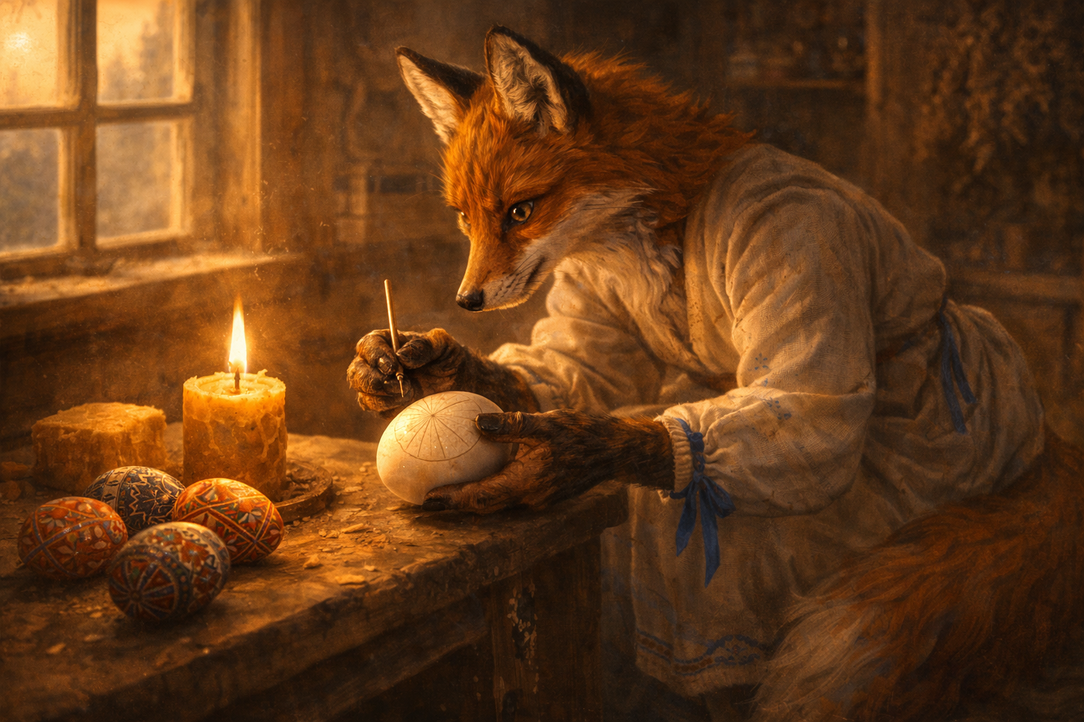 Foxyana crafting pysanka in spring sunlight — the creation as a form of prayer